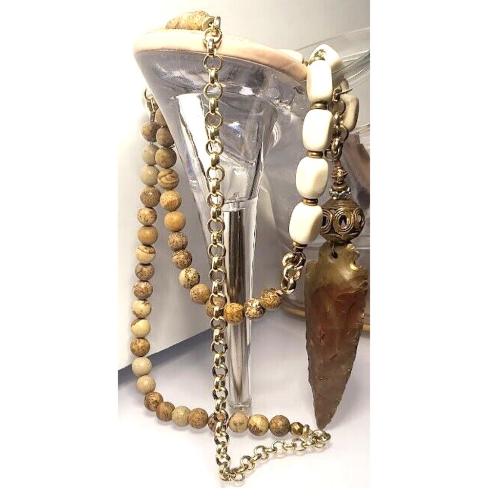Handmade Native Agate Arrowhead Jasper Beads Tribal Statement Gold Tone Necklace